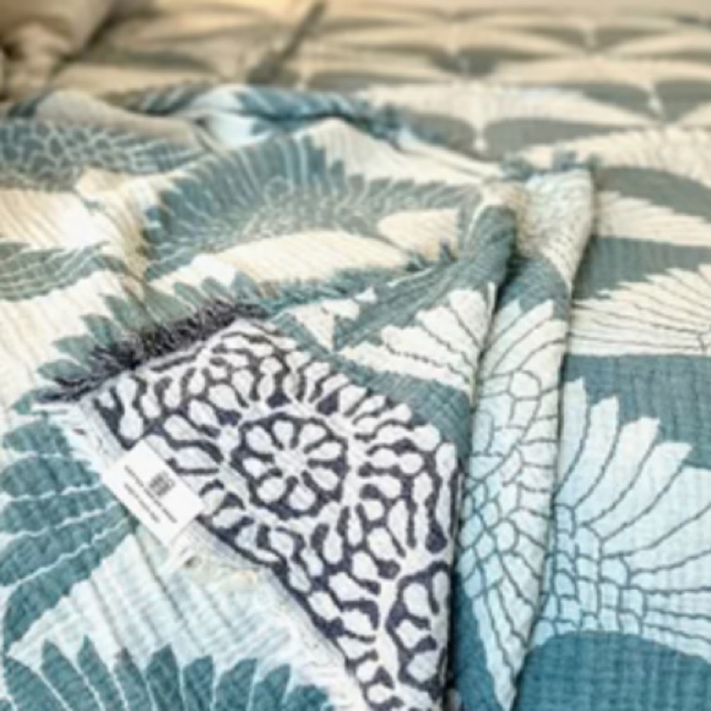 KING Luxury Bedspread Organic Muslin Quilted Crinkle  2 Side FLiPSiDE Teal Crane - Picture 11 of 15